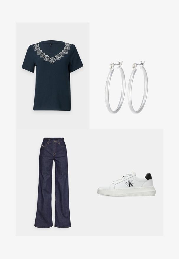 Tumši zila T-kreklu ar īsām piedurknēm un V veida kaklu. Ap kakla izgriezumu ir balts izšūts ģeometrisks raksts. Strukturēta auduma.; Tumši zili platleņķa džinsi no denima auduma ar augstu jostasvietu, ar oranžām šuvēm, piecu kabatu dizainu un pogu aizdari.; Baltā zema topa sporta apavas ar melnu papēža cilni, platformas zoli, auklēm un Calvin Klein "CK" logo sānos.; Sudraba riņķveida auss gredzeni ar gludu, pulētu apdari. Apaļa forma un drošs klikšķa augšējais slēgums. Viegls dizains, kas piemērots ikdienas valkāšanai.