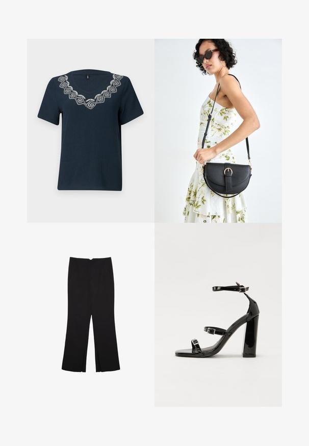 Námornícky modré tričko s krátkymi rukávmi a výstrihom do V. Obsahuje biely vyšitý geometrický vzor okolo výstrihu. Textúrovaná tkanina.; Čierne nohavice so strihom rovného strihu, s prednými vreckami a bočnými rozparkami na leme. Vyrobené z mäkkej, hladkej tkaniny. Vhodné na rôzne príležitosti.; Čierne lakované sandále na vysokom opätku s dvoma prackami, štvorcovou špičkou a hrubým blokovým opätkom, s hladkou, lesklou textúrou.; Čierna kožená kabelka s zaobleným tvarom, odnímateľným popruhom a zlatými doplnkami. Kabelka má klopu s detailom s prackou.