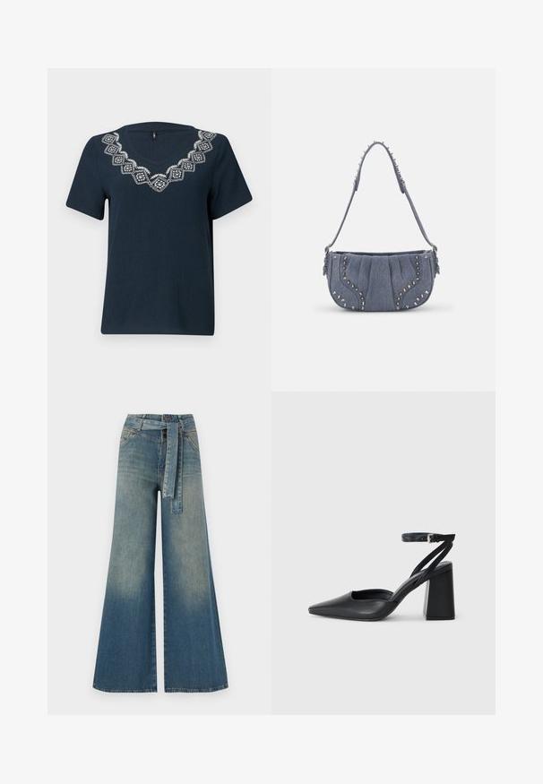 Námořnická modrá trička s krátkým rukávem a výstřihem do V. Obsahuje bílé vyšívané geometrické vzory kolem výstřihu. Texturovaná tkanina.; Džínové kalhoty širokého střihu s přechodem od světlé k tmavě modré, vysokým pasem, poutky na opasek a odpovídajícím opaskem ze stejného materiálu. Texturovaná džínovina.; Černé kožené lodičky se špičatou špičkou, kotníkovým páskem a silným podpatkem. Hladká textura, elegantní design a minimalistická estetika.; Džínová taška přes rameno s plisovaným designem, modré barvy, s akcenty stříbrných cvočků podél okrajů a texturovaným popruhem.