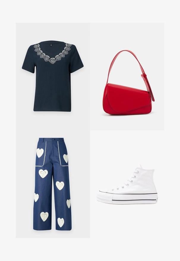 Tumesinise värvi lühikeste varrukatega T-särk, millel on V-kaelus. Kaeluse ümber on valge tikandiga geomeeriline muster. Tekstuuriga kangas.; Sister Jane HEART TO HEART - Sirgete säärtega teksad - blue denim; Valge kõrgem kangast tenniseking, millel on must kummist tald, ees kummist varvasetugi ja kuus aukku paelte jaoks, pakkudes puhta ja minimalistliku disaini.; Punane nahast käekott, millel on nurkadega geomeetriline disain. Omab ühte reguleeritavat rihma ja klappidega sulgemist, millel on õmblustega kaunistused.