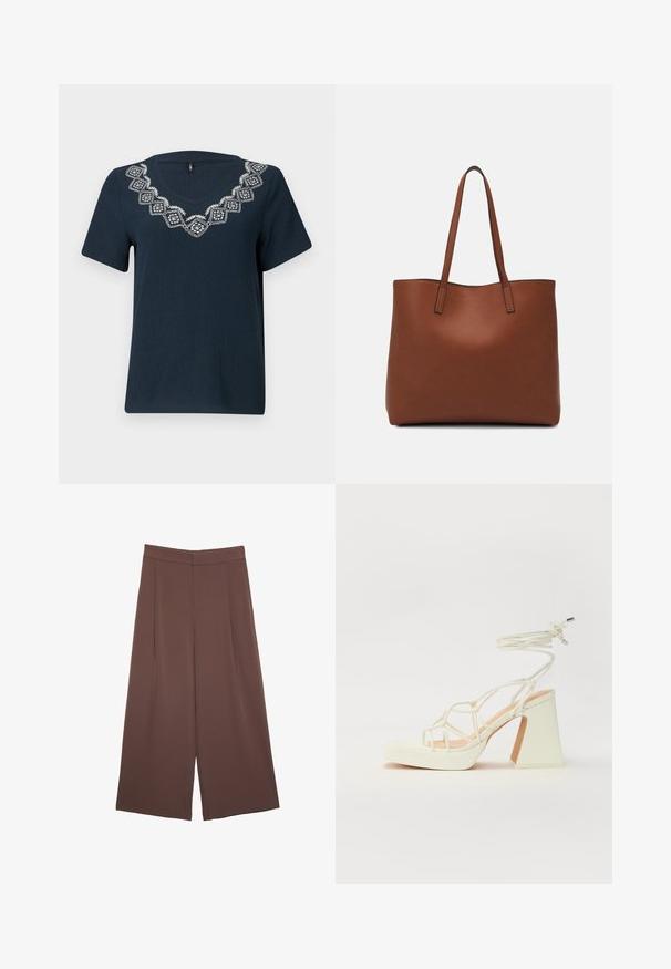 Navy blue t-paita lyhyillä hihoilla ja V-pääntiellä. Ympärillä kaula-aukossa valkoinen kirjailtu geometrinen kuvio. Höyhenmainen kangas.; Ruskeat leveälahkeiset housut, joissa on sileä pinta, korkea vyötärö ja etupleat. Kangas on kevyttä ja laskeutuu väljänä.; Valkoinen korkokenkä, jossa on paksu korko, ja joka sisältää nauhakiinnityksen ja nilkkaketjun. Sujuva pinta, jossa on platform-etupohja lisäkorkeutta varten.; Ruskea nahkainen olkalaukku, jossa on sileä pinta, avoin yläosa ja kaksi olkahihnaa. Omaavat vain minimaalisen ompelun eikä näkyvää metalliosaa.