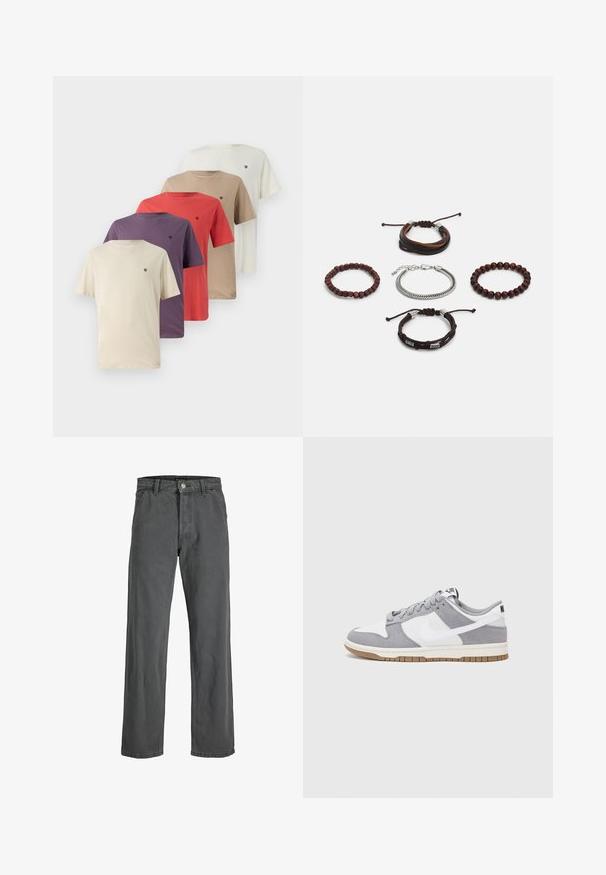 Set de cinci tricouri cu mânecă scurtă în bej, mov, roșu, maro și alb, cu un logo mic pe pieptul stâng. Fabricat din bumbac, cu gât rotund.; Jeans largi, de culoare gri închis, din denim. Prezintă un închidere cu nasture și fermoar pe față, bucle pentru curea și un stil clasic cu cinci buzunare.; Sneaker gri și alb, cu un superior din suede și piele, vârf rotund, șireturi plate și o talpă din cauciuc ce prezintă un accent de culoare gum.; Set de cinci brățări cu piele maro, mărgele din lemn și un lanț argintiu; texturi și forme variate, cu închideri ajustabile.