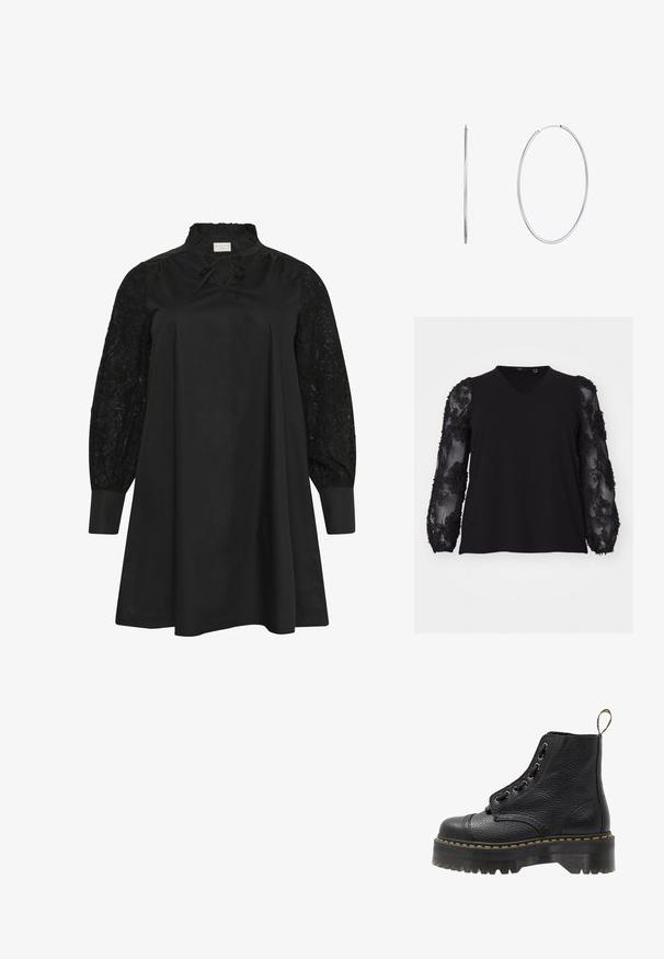 Vero Moda Curve VMCEMMALY - Langarmshirt - black; Kaffe Curve MYNTHIA - Freizeitkleid - black deep; Schwarze Leder-Ankle-Boots mit strukturierten Oberflächen, runder Zehenpartie, Schnürdesign, gelben Nähten und einer dicken, gerippten schwarzen Plateausohle.; Schwarze Handtasche mit Krokodil-Optik, glatter Textur, runder Form und zwei schlanken Tragegriffen. Goldenes Logo-Detail in der Nähe des Bodens.; Silberne Metall-Creolen, oval geformt, dünnes Design, leicht, mit glatter Textur und sicherem Verschluss für einfaches Tragen.