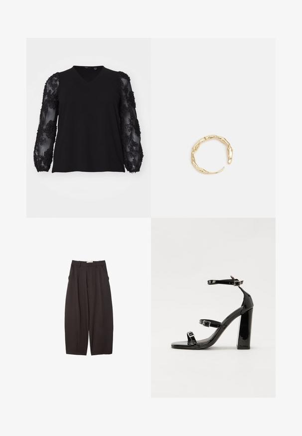 Vero Moda Curve VMCEMMALY - Langarmshirt - black; Schwarze weit geschnittene Hosen aus einem glatten Stoff, mit hoher Taille, Frontfalten und Seitentaschen. Schlichtes Design ohne Verzierungen.; Schwarze patentierte Sandalen mit Absatz, quadratischer Spitze, Knöchelriemen und silbernen Schnallen. Mit einem stabilen Blockabsatz für mehr Stabilität.; Goldfarbener Ring mit einem organischen, gedrehten Design, glatter Oberfläche und sich verjüngenden Enden, was ein modernes, skulpturales Erscheinungsbild erzeugt.