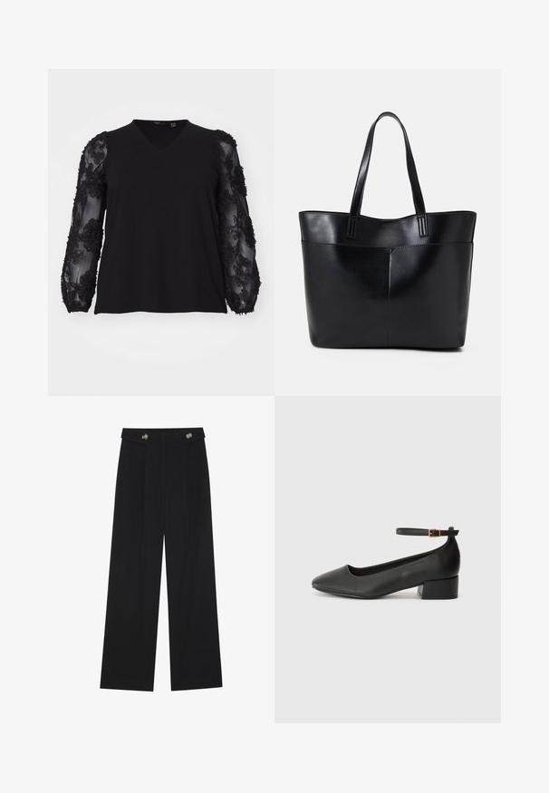 Vero Moda Curve VMCEMMALY - Maglietta a manica lunga - black; Pantaloni neri a gamba larga con vita alta, dettagli con bottoni in vita e pieghe frontali.; Pump in pelle nera con punta affusolata e tacco basso a blocco. Presenta una cinghia alla caviglia con una fibbia in tonalità oro. Texture liscia.; Borsa a tracolla in pelle nera con due manici lunghi, una texture liscia e una forma strutturata. Presenta una tasca frontale per ulteriore spazio di archiviazione.