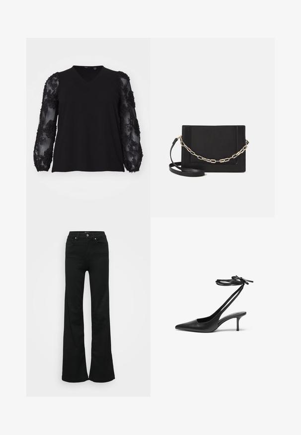 Vero Moda Curve VMCEMMALY - Maglietta a manica lunga - black; Jeans neri a zampa d'elefante realizzati in denim, con vita alta, cinque tasche e chiusura con bottone metallico. Texture liscia con dettagli minimi.; Scarpa stiletto nera in pelle con punta affusolata, retro aperto e cinghie alla caviglia legate a fiocco. Tacco sottile di 7,5 cm. Texture liscia, design minimalista.; Borsa a tracolla nera in pelle con una texture liscia, forma rettangolare e dettaglio in catena metallica sul davanti. Inclusa una tracolla regolabile.; Anello doppio in argento con superficie liscia e lucida. Presenta un design fluido e curvo con sezioni sovrapposte per un aspetto moderno.