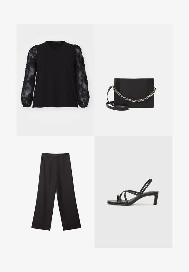 Vero Moda Curve VMCEMMALY - Pitkähihainen paita - black; Mustat leveälahkeiset housut, jotka on valmistettu sileästä kankaasta. Niissä on edessä vetoketju ja kaksi sivutaskua, ja niiden muotoilu on räätälöity ja minimalistinen.; Mustat hihnalligat, joissa on neliön muotoinen kärki ja matala lohkokorko. Ominaisuuksiin kuuluu useita ohuita hihnoja ja säädettävä nilkkahihna. Valmistettu sileästä nahasta.; Musta nahkainen olkalaukku, jossa on sileä pinta, suorakulmainen muoto ja metalliketju yksityiskohtana edessä. Mukana säädettävä hihna.
