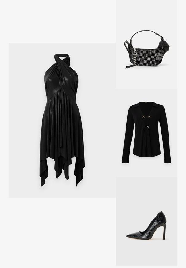 Sort langærmet skjorte med V-hals, gyldne øskner og justerbare snore foran. Lavet af blødt stof med en glat tekstur.; Sort halterneck kjole med draperet design. Fremstillet af skinnende materiale, med en snoet halsudskæring og asymmetrisk fald. Glat tekstur.; Sorte spidse tå stiletto-sko i krokodilleskind med et strømlinet design, høj hæl og glat sort inderside.; Sort håndtaske med naglede dekorationer, en kædestrop og et glat læderhåndtag, med en rund form og en lynlåslomme.