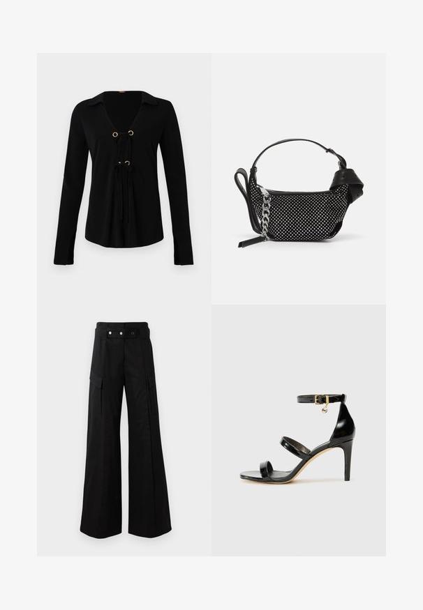 Juodas ilgomis rankovėmis marškinėliai su V formos iškirpte, auksinėmis akmenukėmis ir reguliuojamais raiščiais priekyje. Pagaminti iš minkštos medžiagos su lygiu tekstūru.; Juodas off-the-shoulder viršus su drabužius drapiruojančia medžiaga, minkšta tekstūra ir prigludusia forma. Yra lygus, minimalistinis apvadas juosmens srityje.; Juodos platėjančios kelnės su aukštu juosmeniu, turinčios dideles šonines kišenes, dvi priekinės mygtukus ir kilpelės detalę. Pagamintos iš tvirto audinio.; Juodas patentuotas odinis sandalai su trimis diržais, kulkšnies sagtimi ir 4 colių stiletto kulnu. Yra aukso detalės ir logotipo žavesys.; Juodas rankinės krepšys su metaliniais įdėklais, grandinės petneša ir lygaus odos rankena, su apvalia forma ir užtrauktuku uždaromu skyriumi.