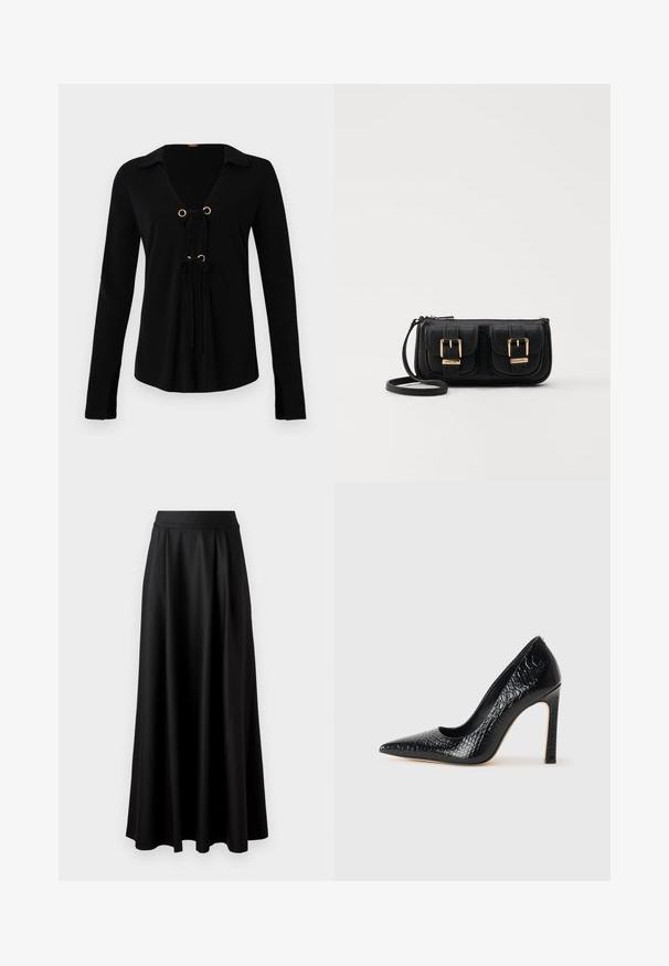 Svart långärmad skjorta med V-ringning, gyllene metallöglor och justerbara knutar framtill. Tillverkad av mjukt tyg med en slät textur.; Svart kjol i golvlängd med slät textur, bred midja och plisserad design, utan synliga mönster eller dekorationer.; Svart spetsig högklackad sko med krokodilskinnsstruktur, som har en elegant design, hög stilettklack och en slät svart innersula.; Svart läderaxelväska med två framfickor, guldspännen, dragkedjestängning och en smal rem. Texturerad yta och kompakt rektangulär form.