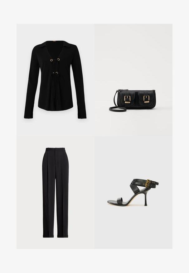 Crna košulja dugih rukava s V-izrezom, zlatnim okovima i podesivim vezicama sprijeda. Napravljen od mekog materijala s glatkom teksturom.; Crne krojene hlače s visokim strukom, s naborima sprijeda, ravnim krojem i običnim rubom. Izrađene od glatkog materijala.; Crne sandale s petom sa preklapanim trakama i podesivim kopčanjem. Imaju glatku teksturu i suženi stiletto potplat.; Crna kožna torba preko ramena s dva prednja džepa, zlatnim kopčama, zatvaranjem na zip i uskim remenom. Teksturirana površina i kompaktan pravokutan oblik.