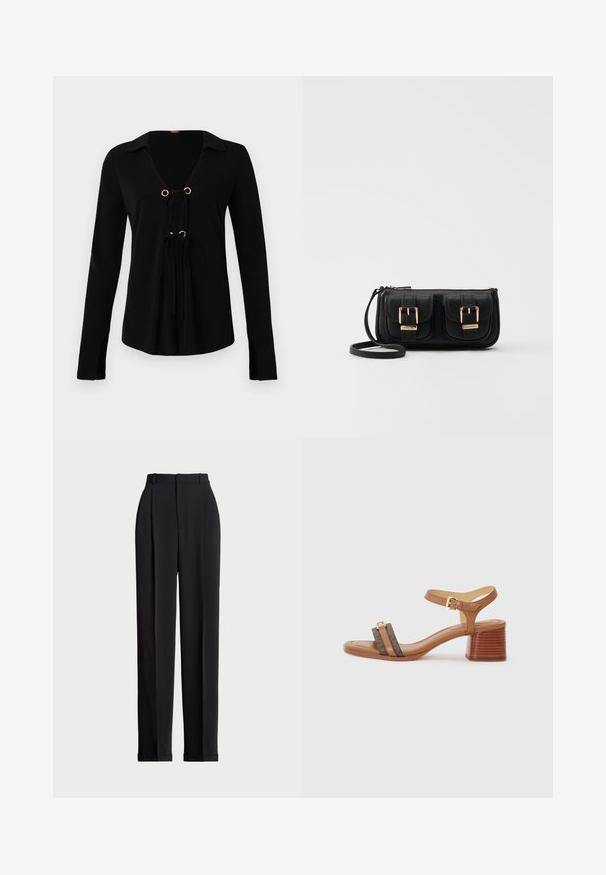 Musta pitkähihoinen paita, jossa on V-aukko, kultaiset reijät ja säädettävät nauhat edessä. Valmistettu pehmeästä kankaasta, joka on sileä ja miellyttävä.; Mustat räätälöidyt housut, joissa on korkea vyötärö, etupuolella laskokset, suora lahjeturmu ja käännetty helma. Valmistettu sileästä kankaasta.; Vaaleanruskeat korkokengät, joissa on neliön muotoinen kärki, kaksi tummanruskeaa hihnaa ja kultainen solki. Ominaisuuksina paksu korko ja sileä nahkapinta.; Musta nahkainen olkalaukku, jossa on kaksi etutaskua, kultaiset soljet, vetoketjukiinnitys ja kapea hihna. Teksturoidun pinnan ja kompaktin suorakaiteen muoto.