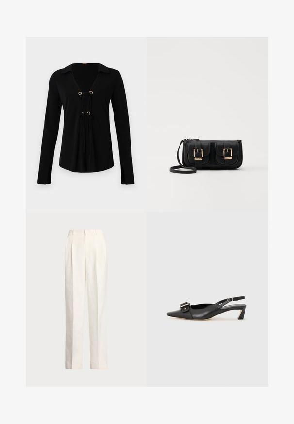 Juodas ilgomis rankovėmis marškinėliai su V formos iškirpte, auksinėmis akmenukėmis ir reguliuojamais raiščiais priekyje. Pagaminti iš minkštos medžiagos su lygiu tekstūru.; Polo Ralph Lauren HEMP WIDE LEG PANT - Kelnės - nevis; Juodas odinis slingback batelis su smailiu nosiu, maža pakulne ir dekoratyvine sagtimi viršuje. Lygus paviršius, minimalistas dizainas.; Juodas odinis per petį nešiojamas krepšys su dviem priekiniais kišenėmis, auksiniais sagtimis, užtrauktuko uždarymu ir siauromis petnešomis. Textūruota paviršius ir kompaktiškas stačiakampis formatas.