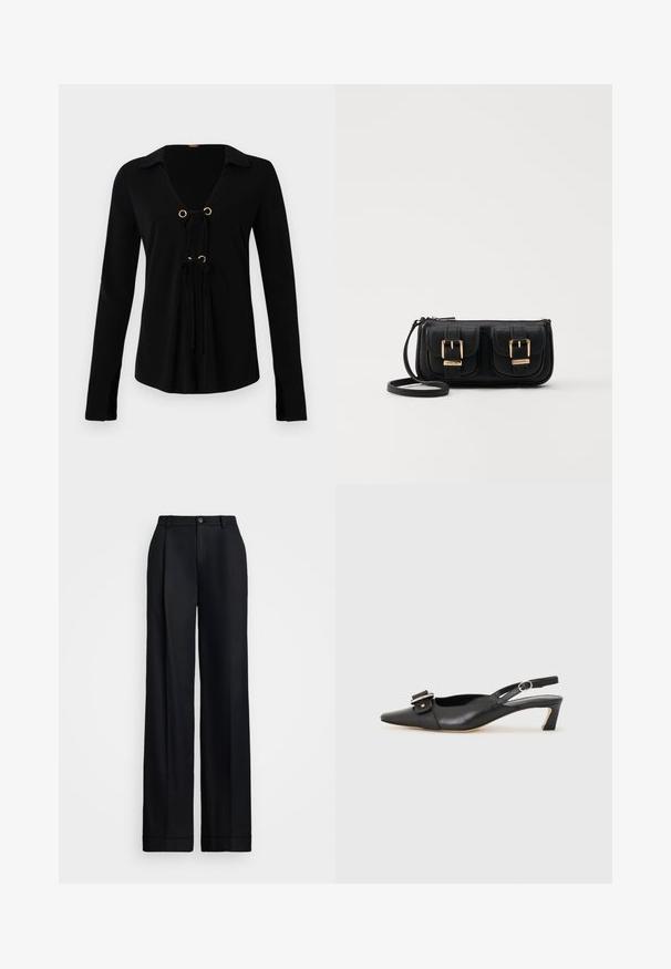 Black long-sleeve shirt with a V-neck, gold grommets, and adjustable ties at the front. Made of soft fabric with a smooth texture.; Black wide-leg trousers featuring a smooth finish, flat front, belt loops, and a single button closure at the waist.; Black leather slingback shoe with pointed toe, small heel, and decorative buckle detail on the upper. Smooth texture, minimalistic design.; Black leather crossbody bag with two front pockets, gold buckles, zipper closure, and a slim strap. Textured surface and compact rectangular shape.