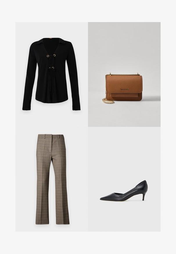 Camisa preta de mangas longas com decote em V, ilhós dourados e laços ajustáveis na frente. Feita de um tecido suave com uma textura lisa.; Calças castanhas em padrão xadrez com corte reto, apresentando um tecido texturizado e cores subtis de bege e castanhos mais escuros ao longo do padrão.; Sapato de salto alto preto em pele com bico fino e salto baixo. Apresenta uma textura suave e brilho subtil. Corte aberto na parte da frente para um detalhe adicional.; Bolsa crossbody de couro texturizado castanho com alça de corrente dourada e fecho com aba. A parte da frente apresenta detalhe do logótipo e um bolso sob a aba.