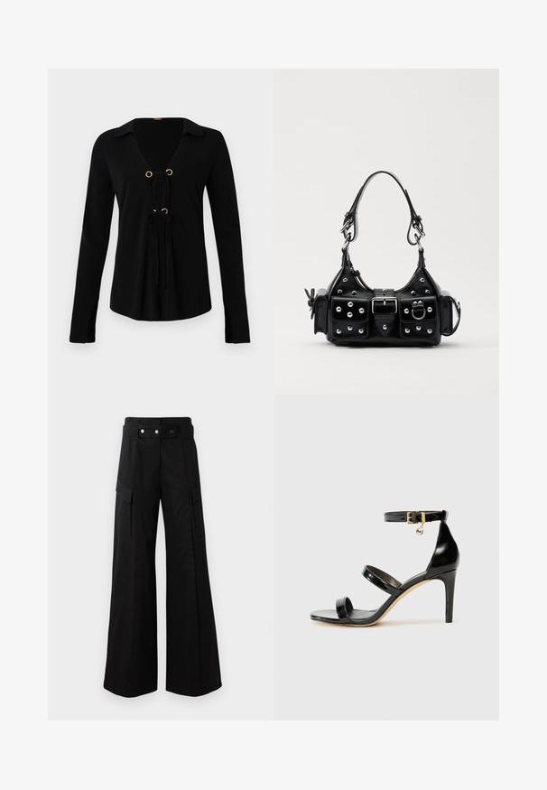 Schwarzes Langarmshirt mit V-Ausschnitt, goldenen Ösen und verstellbaren Bindebändern auf der Vorderseite. Hergestellt aus weichem Stoff mit glatter Textur.; Schwarze weit geschnittene Hose mit hohem Bund, großen Seitentaschen, zwei vorderen Knöpfen und einer Schlaufen-Detail. Aus robustem Stoff gefertigt.; Schwarze Lackleder-Sandale mit drei Riemen, Knöchelriemen und 10 cm hohen Stiletto-Absatz. Verfügt über goldfarbene Hardware-Details und ein Logo-Charm.; Schwarze Lederhandtasche mit einem geschwungenen Design, verziert mit silbernen Nieten, einer Schnalle und zwei seitlichen Taschen. Verstellbarer Träger für verschiedene Tragemöglichkeiten.