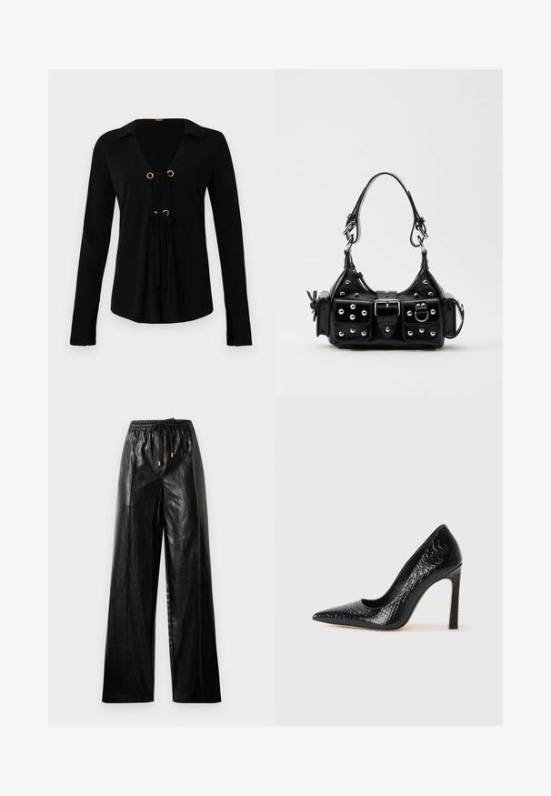 Melna garām piedurknēm kreklā ar V veida kakla izgriezumu, zelta metāla grometēm un regulējamām saitēm priekšpusē. Izgatavots no mīkstas auduma ar gludu tekstūru.; Melni ādas bikses ar plašu kāju griezumu, elastīgu jostu, auklām un zelta detaļām. Gluda tekstūra un brīvs piegriezums.; Melni augstpapēžu apavi ar norādītu purngalu, ar krokodila ādas tekstūru, izceļoties ar elegantu dizainu, augstu stiletto papēdi un gludu melnu interjeru.; Melnas ādas rokturmais ar izliekumu, ar sudraba iedurtiem, sprādzi un divām sānu kabatām. Regulējams siksniņas garums dažādām nēsāšanas iespējām.