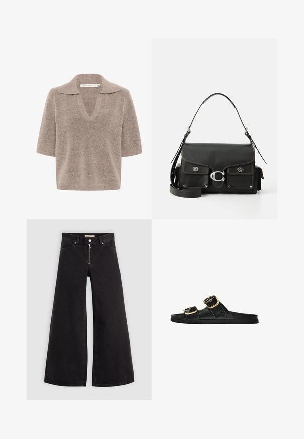 Béžový sveter s krátkym rukávom a výstrihom do V, vyrobený z mäkkej pleteniny, s golierom a vo voľnom strihu.; Dlhé nohavice vo voľnom strihu z čierneho denimu so zipsom vpredu, päť vrecúškovým dizajnom a jemnými stehovými detailmi. Hladká textúra a neformálny štýl.; Čierne šľapky s dvoma zlatými prackami, hladký textúrovaný materiál, plochá podrážka a minimalistický dizajn.; Čierna kožená kabelka s klopou, striebornými kovovými prvkami, dvoma prednými vreckami, kontrastným prešívaním a odnímateľným ramenným popruhom.