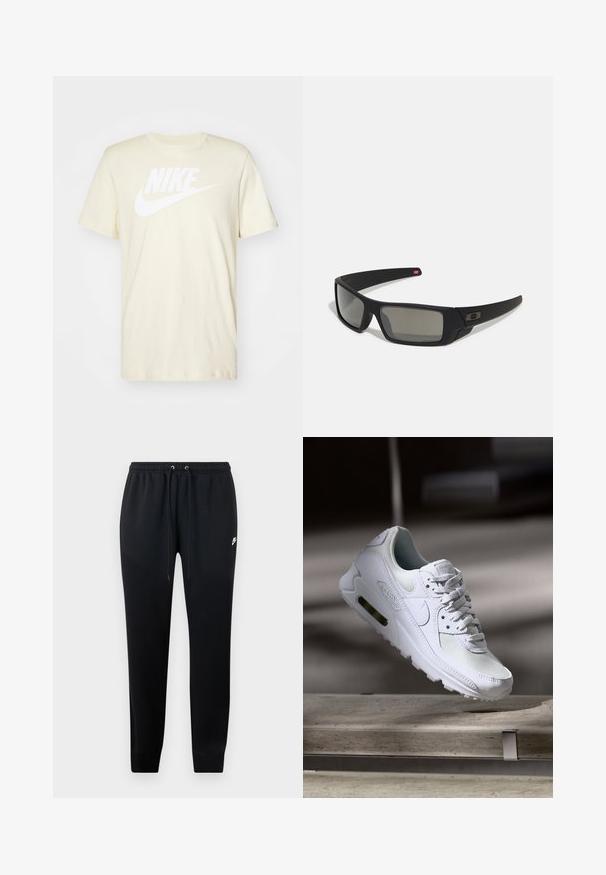 T-shirt de algodão amarelo claro com um decote redondo, mangas curtas e um grande logotipo branco da Nike no peito. Textura suave, corte casual.; Calças de moletom pretas feitas de um tecido macio, com uma cintura elástica e cordões, punhos nas pernas e um pequeno detalhe do logo de lado.; Sapatilha Nike Air Max 90 branca com parte superior em malha e couro, caixa de dedos perfurada e uma unidade de ar visível no calcanhar.; Óculos de sol pretos com acabamento mate, lentes retangulares, leve curvatura nas hastes, detalhe sutil do logo e lentes de cor fumada.