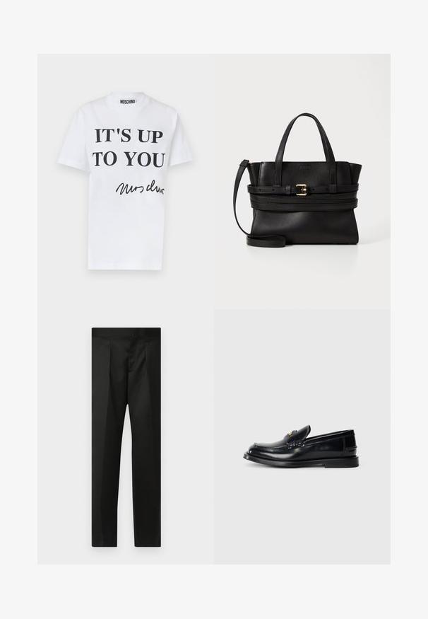 White cotton t-shirt featuring bold black text: "IT'S UP TO YOU" and signature-style text at the bottom. Classic crew neck design.; Black trousers featuring a smooth fabric, tailored design, straight legs, and a flat waistband with no visible closures or pockets.; Black leather loafer featuring a stitched design, a small front flap, and a flat rubber sole. Smooth texture with gold-tone hardware accent.; Black leather handbag with structured design, dual top handles, detachable strap, and gold buckle accent on a horizontal band.
