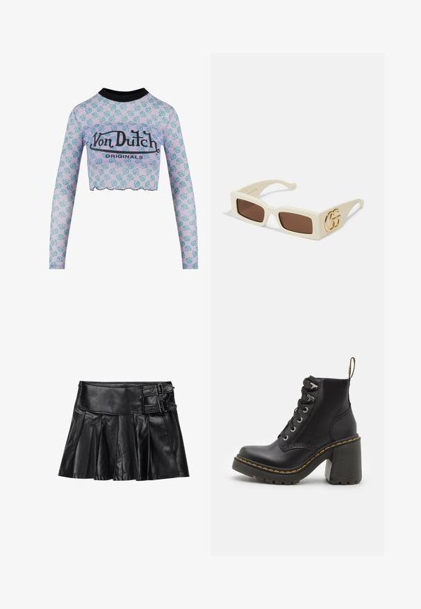 Kratintas ilgas rankovės marškinėlis, pagamintas iš permatomo levandų spalvos audinio, su turkio spalvos grafiniais raštais ir juoda apykakle; turi banginį apatinį kraštą ir logotipo spaudą.; Juodas odinis sijonas su kiekiais, platus liemuo ir dvi sagties detalės šone. Lygi tekstūra su blizgiu paviršiumi.; Juodos odinės kulkšninių botų su masyviu aukštu kulnu, raištelių uždarymu, metaliniais akies ir geltonais siūlais aplink pado kraštą. Grubus gumos padas.; Balti stačiakampiai saulės akiniai su rudais lęšiais. Šone yra ryškus auksinis GG logotipas. Pagaminti iš struktūrinės plastiko medžiagos.