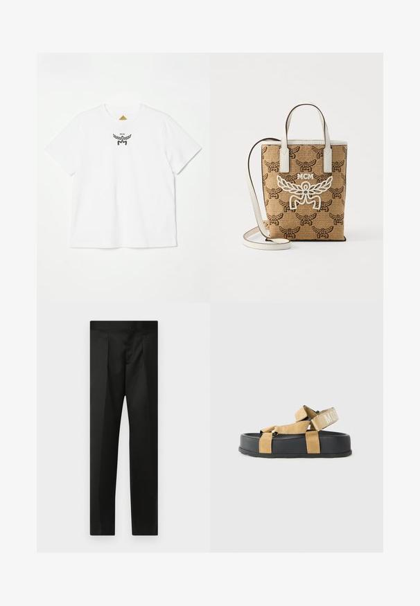 Vit bomull t-shirt med en liten svart logotyp med vingar och "MCM" i mitten fram. Kort ärm och rundad halsdesign.; Svarta byxor med en slät tygkvalitet, skärning, raka ben och en platt midja utan synliga stängningar eller fickor.; Beiga mockaskinnsandaler med svarta gummisulor, med justerbara remmar och en märkesrem baktill. Platt design med minimalt dämpning.; Brun vävd väska med ett detaljerat mönster; vita läderdetaljer; MCM-logotyp i vitt; korta handtag och ett avtagbart axelband.