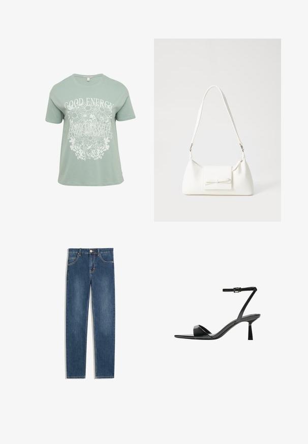 Hellgrünes T-Shirt mit einem weißen Blumenmuster und dem Text "GUTE ENERGIE GUTE GEDANKEN WERDEN GUTE DINGE." Kurze Ärmel, Rundhalsausschnitt.; Dunkelblaue Jeans aus Denim mit geradem Schnitt, fünf Taschen, subtilen Nähdetails und einem Metallknopf an der Taille.; Bershka High Heel Sandalette - black; Weiße synthetische Handtasche in dreieckiger Form, flache Vorderklappe und Schleifendetail, verstellbarer Trageriemen, glatte Textur und minimalistisches Design.