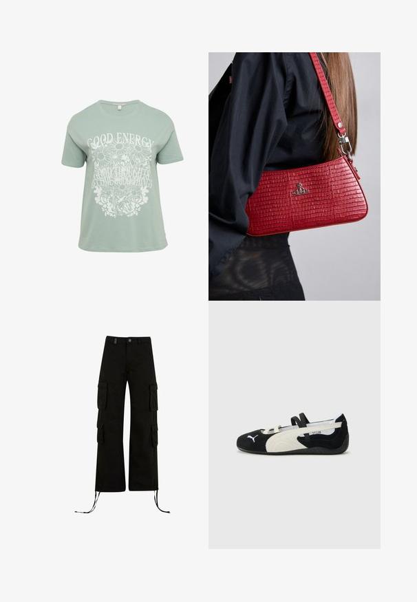 Lichtgroene t-shirt met een witte bloemenbedrukking en de tekst "GOEDE ENERGIE GOEDE GEDACHTEN WORDEN GOEDE DINGEN." Korte mouwen, ronde hals.; Zwarte cargobroek met een relaxte pasvorm, met cargozakken aan de zijkanten, koordjes aan de onderkant en een knoopsluiting in de taille.; Zwarte en crèmekleurige ultralichte schoen met een leren bovenkant, platte zool, elastische banden en een klein logo op de teen.; Rode handtas met krokodillenpatroon, een slanke, driehoekige vorm en een afneembare schouderriem, voorzien van zilveren hardware en een logo-detail.