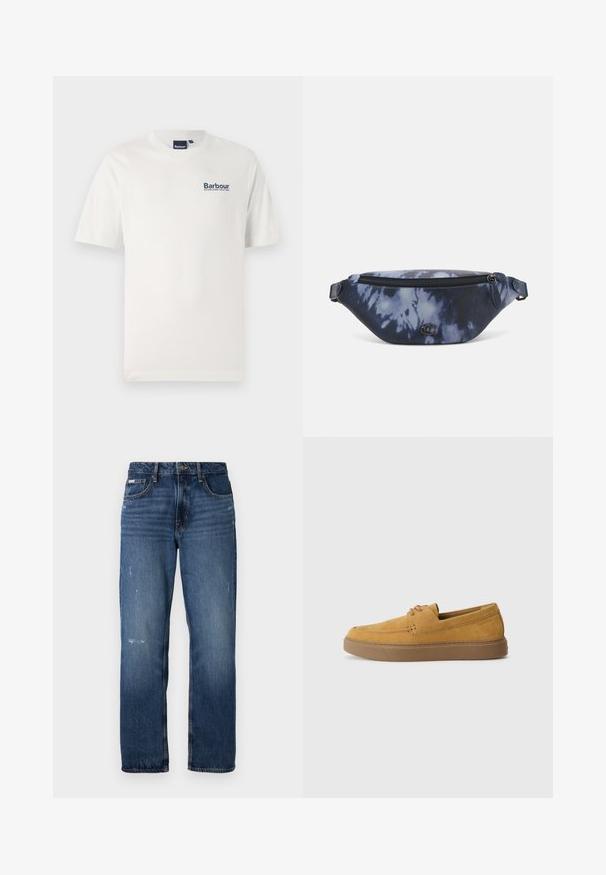 White cotton t-shirt with short sleeves, crew neck, and a blue embroidered "Barbour" logo on the left chest. Soft texture, standard fit.; Blue denim jeans with a straight leg design. Features faded areas and light distressing on the front, with a classic button closure.; Brown suede slip-on shoes with a textured finish, round toe, and contrasting rubber sole. Features subtle branding near the heel.; Fanny pack in dark blue tie-dye print with a zippered top, textured material, and a prominent logo detail on the front.