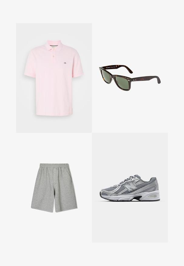 Světle růžové polo tričko vyrobené z bavlny, s klasickým límečkem, dvoubarevným zapínáním a vyšitým logem na levé hrudi.; Šedé bavlněné šortky s elastickým pasem, s bočními kapsami a volným střihem. Hladká textura a délka ke kolenům.; Šedá sportovní bota s síťovaným svrškem, stříbrnými akcenty, polstrovaným límcem a bílou mezipodešví s černou podešví.; Sluneční brýle Wayfarer s tmavým želvovinovým plastovým rámem, zelenými skly a stříbrným logem Ray-Ban na straně.