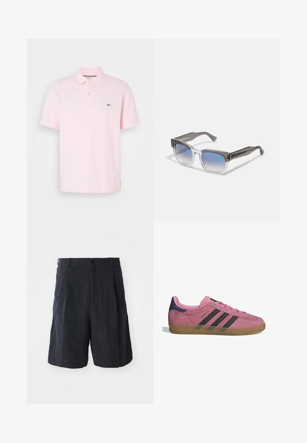 Polo shirt rosa chiaro in cotone, con colletto classico, pattina con due bottoni e logo ricamato sul lato sinistro del petto.; Weekday LOOSE SUIT - Shorts - black; Sneaker in suede rosa con strisce nere, suola in gomma e tallone texturizzato viola. Presenta un design con lacci e un marchio in rilievo sul lato.; Occhiali da sole con montatura grigia e trasparente, forma squadrata, lenti blu sfumate e dettagli metallici sulle tempie. Materiale leggero.