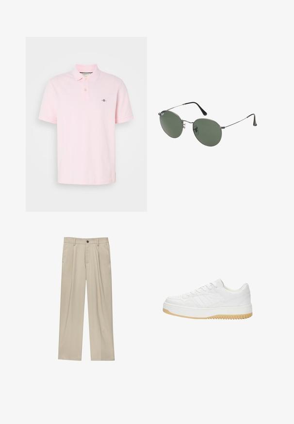 Lichtroze polo shirt van katoen, met een klassieke kraag, een placket met twee knopen en een geborduurd logo op de linkerborst.; Beige broek met een rechte snit, voorzien van een enkele zwarte knoop, riemlussen en zijzakken. Glad stoffen textuur en een minimalistisch ontwerp.; Witte leren sneaker met een gematteerde afwerking, met een rubberen zool, vetersluiting en subtiele streepaccenten aan de zijkanten.; Metalen zonnebril met ovale groene lenzen. Dunne zilveren metalen rand en zwarte oorstoppers. Minimalistisch ontwerp, zonder zichtbare logo's.