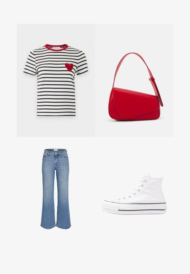 Stripet T-skjorte med marineblå og hvite horisontale striper, en rød krage og en teksturert rød hjerteapplikasjon på venstre bryst.; Lys blå denim flared jeans med høy midje, med frontlommer, glidelås og subtile falminger. Sømmen er synlig langs kantene.; Hvit høy-skinn kanvas sneakers med svart gummisåle, gummitåhette foran og seks hull for snorer, med et rent, minimalistisk design.; Rød lærveske med en vinklet, geometrisk design. Har en enkelt justerbar stropp og en klaffelukking med sydd detaljer.