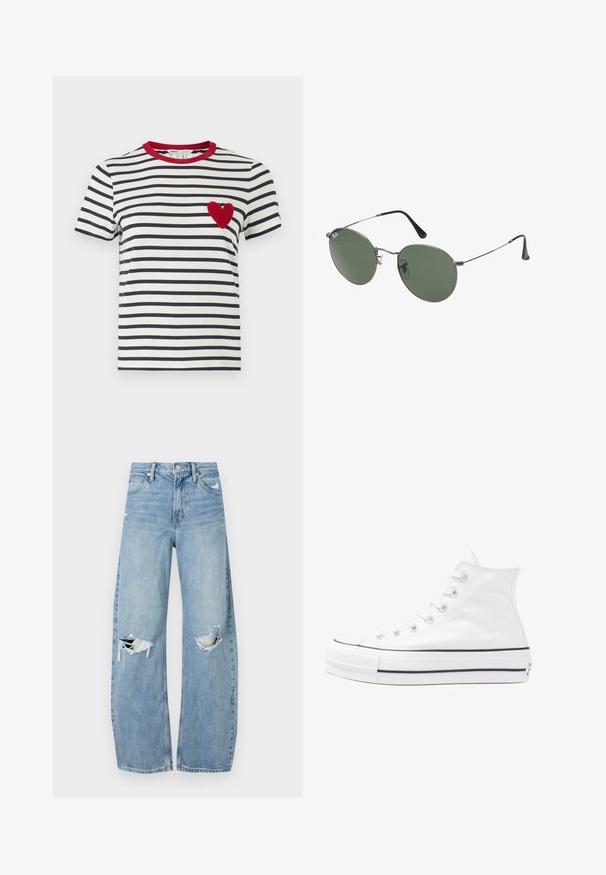 Striped T-shirt with navy and white horizontal stripes, a red collar, and a textured red heart appliqué on the left chest.; Light blue, high-waisted jeans made of denim. Feature wide legs, two torn knee areas, and classic five-pocket styling.; White high-top canvas sneaker with black rubber sole, front rubber toe cap, and six eyelets for laces, featuring a clean, minimalist design.; Metal-framed sunglasses with oval green lenses. Thin silver metal frame and black ear tips. Minimalist design, no visible logos.