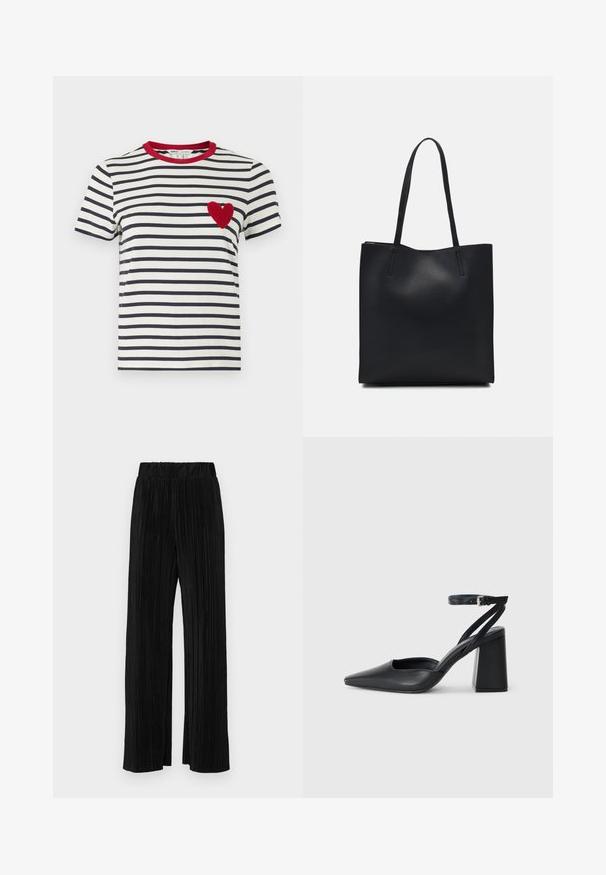 Prugasta majica s mornarskim i bijelim horizontalnim prugama, crvenim ovratnikom i teksturiranim crvenim aplikacijom srca na lijevom prsnom dijelu.; Crne plisirane hlače s elastičnim pojasom. Imaju široke nogavice i glatku, teksturiranu tkaninu s vertikalnim prugama.; Crne kožne cipele s špicastim vrhom, remenom oko gležnja i debelim potplatom. Ravna tekstura, elegantan dizajn i minimalistička estetika.; Crna kožna torba za nošenje s glatkom teksturom, pravokutnim oblikom i dvije duge ručke. Nema vidljivih metalnih dijelova ili ukrasa.