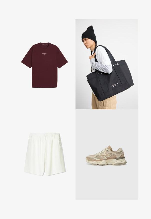 Burgundin värinen puuvillapaita, jossa on pyöreä kaula-aukko, lyhyet hihat ja valkoinen "HYROX" -logo rinnassa. Rennon istuvuuden omaava paita, jossa on sileä pinnan rakenne.; Vaaleanbeigeet shortsit, joissa on joustava vyötärö, kaksi sivutaskua ja suora lahje. Valmistettu pehmeästä ja hengittävästä kankaasta.; Valkoiset urheilukengät, joissa on verkkokangasta ja mokkaa, pyöreä kärki, paksu pohja ja huomattavat heijastavat yksityiskohdat sivuilla.; Musta kangaskassi kahdella tukevalla kahvalla, jossa on metallikoristeita ja etutaskuja. Brändäys on näkyvissä valkoisella tekstillä alareunassa.; Digitaalinen rannekello mustalla ruostumattomasta teräksestä valmistetulla hihnalla, neliön muotoinen musta kellotaulu, valkoiset numerot, vedenkestävä jopa 5 baarin syvyyteen ja valaisutoiminto.