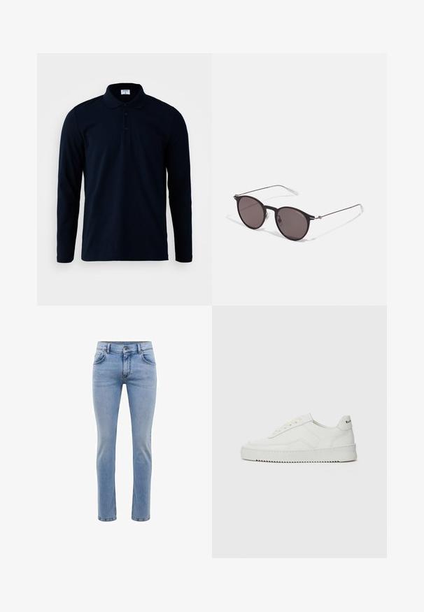 Filippa K LUKE - Polosärk - navy; Heledad sinine denimist teksapüksid, kitsas lõige, viie taskuga ja sirge jalaga disain. Omab tõmblukkuga lukkuklappi ja vöörihmasid. Pehme tekstuur.; Valge nahast tennis, millel on sile põhi, ümar varvas, lamedad nöörid ja tekstuuriline tall. Sisaldab diskreetset logo kontsaribal.; Mustad mustad prillid tumedate läätsedega ja õhukeste metallist käepidemetega. Kaarja kujuga seljaosa ja hõbedased aktsendid hingel. Minimalistlik disain.