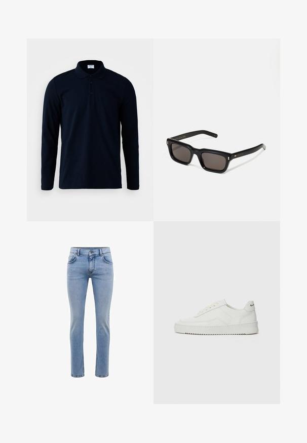 Filippa K LUKE - Poloshirt - navy; Hellblaue, slim-fit Jeans aus Denim mit fünf Taschen und geradem Bein. Mit Reißverschluss und Gürtelschlaufen ausgestattet. Weicher Stoff.; Weiße Ledersneaker mit glatter Oberfläche, runder Zehenpartie, flachen Schnürsenkeln und strukturiertem Sohlenprofil. Mit einem dezenten Logo an der Ferse.; Schwarze rechteckige Sonnenbrille mit dunklen Gläsern, dickem Kunststoffrahmen, goldenen Akzenten an den Bügeln und eingraviertem Markenlogo am Arm.