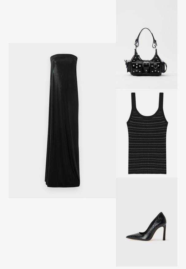 Fekete bordás ujjatlan felső vékony fehér csíkokkal, kerek nyakkivágással és széles pántokkal. Simogatós textúra, testhezálló fazon.; Fekete, pánt nélküli maxi ruha sima, fényes anyagból. Feszes felsőrésze és lebegő sziluettje van, a földig ér, díszítések nélkül.; Fekete hegyes orrú magassarkú cipő krokodilbőr textúrával, letisztult dizájnnal, magas tűsarkú és sima fekete belső résszel.; Fekete bőr kézitáska ívelt designnal, ezüst szegecsekkel, csattal és két oldalsó zsebbel. Állítható vállpánt a hordozási lehetőségekhez.