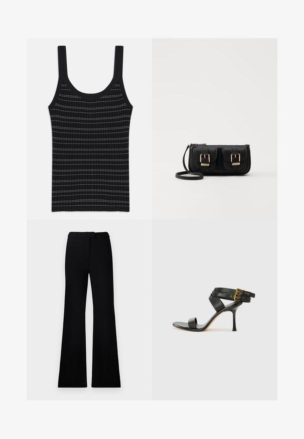 Mustassa ribbatuubissa on ohut valkoinen raitakuviot, jossa on pyöreä pääntie ja leveät olkahihnat. Tasainen pinta, istuva muotoilu.; Mustat levenevät housut, joissa on sileä pinta, muotoiltu vyötärö ja etutaskut, jotka on suunniteltu nykyaikaiseen ja sulavaan siluettiin.; Mustat korot kengät, joissa on ristikkäiset hihnat ja säädettävä solki. Ominaisuuksiin kuuluu sileä pinta ja kapeneva stilettokorko.; Musta nahkainen olkalaukku, jossa on kaksi etutaskua, kultaiset soljet, vetoketjukiinnitys ja kapea hihna. Teksturoidun pinnan ja kompaktin suorakaiteen muoto.