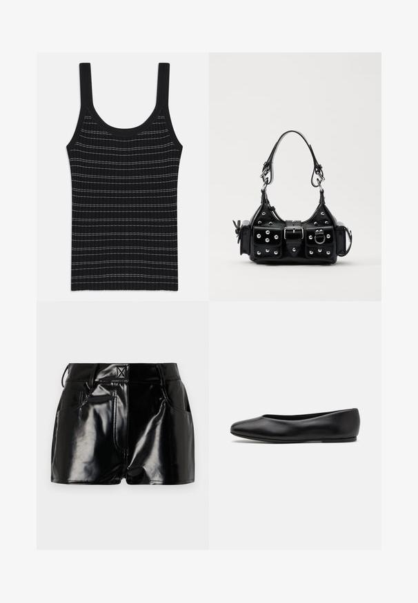 Mustassa ribbatuubissa on ohut valkoinen raitakuviot, jossa on pyöreä pääntie ja leveät olkahihnat. Tasainen pinta, istuva muotoilu.; Lyhyet mustat kiiltävät shortsit, jotka on valmistettu synteettisestä materiaalista. Niissä on hyvä istuvuus vyötäröllä, vyölenkit ja etutaskut, joissa on näkyvät ompeluyksityiskohdat.; Paul Smith TOPANGA - Ballerinat - black; Musta nahkainen käsilaukku, jossa on kaareva muotoilu, hopeiset niitit, solki ja kaksi sivutaskua. Säädettävä olkahihna erilaisiin kantovaihtoehtoihin.