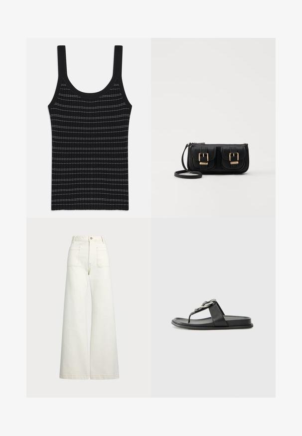 Musthave mustriba tank top, mille õhukeste valgete triipudega, ümar kaelus ja laiad õlavarre rihmad. Sujuv tekstuur, keha lähedane disain.; Laiad teksad heledast denimist. Kõrge vöökoht, nööbivöö, kaks esikotitäit ja kontrastsed õmblused.; Mustad mustad sandaalid, millel on varbapost, lai rihm, ümmargune metallaktsent ja sile nahkviimistlus. Minimalistlik disain lame tallaga.; Must küllastamata nahast õlakott, millel on kaks esist nähtavat taskut, kuldsed pandlad, tõmblukuga sulgemine ja peen rihm. Tekstuuriga pind ja kompaktne ristkülikukujuline kuju.