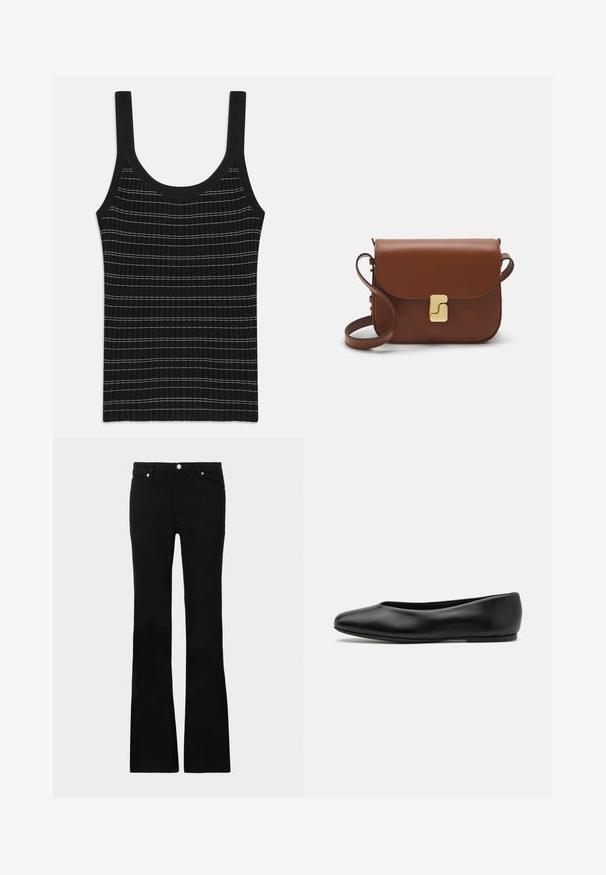 Zwart geribbeld tanktop met dunne witte strepen, met een ronde halslijn en brede schouderbanden. Gladde textuur, aansluitend ontwerp.; Zwarte flared jeans van denim, met twee voorzakken, een knoopsluiting en een gladde textuur. Kenmerkende stiksels zichtbaar bij de naden.; Paul Smith TOPANGA - Ballerina's - black; Bruine leren handtas met een klep sluiting, gouden hardware, een schouderband en een gladde textuur. Compact rechthoekige vorm.