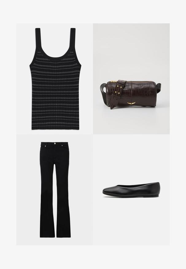 Top a maniche senza maniche nero a coste con sottili righe bianche, caratterizzato da un collo rotondo e larghe spalline. Texture liscia, design aderente.; Jeans neri svasati in denim, dotati di due tasche anteriori, chiusura con bottone e una texture liscia. Cuciture iconiche visibili nei punti di giuntura.; Paul Smith TOPANGA - Ballerine - black; Borsa in pelle stampata a coccodrillo marrone con forma cilindrica, accessori in tonalità oro e una tracolla staccabile con borchie.