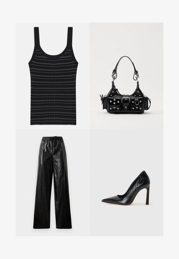 Black ribbed tank top with thin white stripes, featuring a round neckline and wide shoulder straps. Smooth texture, fitted design.; Black leather wide-leg pants with an elastic waistband, drawstring, and gold hardware accents. Smooth texture and loose fit.; Black pointed-toe high heel shoe with a crocodile-skin texture, featuring a sleek design, high stiletto heel, and smooth black interior.; Black leather handbag with a curved design, featuring silver studs, a buckle, and two side pockets. Adjustable strap for carrying options.
