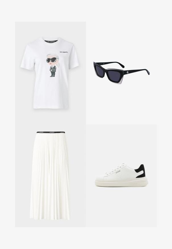 Hvit bomull t-skjorte med en grafisk illustrasjon av en karakter med svarte solbriller og dress. Merket leser "KARL LAGERFELD."; Plissert hvit skjørt med en svart elastisk midje som har "LACOSTE"-logoen. Midjelengde design med myk tekstur.; Hvite lær sneakers med tykk hvit såle, svart semsket hælforsterkning og preget logo på siden. Snøresystem med seks hull.; Store svarte solbriller i overdimensjonert størrelse med geometrisk form, med mørke linser og en kontrasterende grå detalj på rammen. Logo på armen.