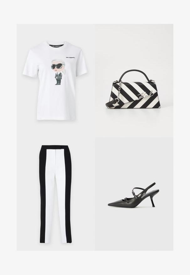 T-shirt de algodão branco com uma ilustração gráfica de um personagem com óculos escuros e um fato. A etiqueta diz "KARL LAGERFELD."; Calças ajustadas em preto e branco com painéis contrastantes. O tecido tem uma textura suave; a cintura é plana e ajustada.; Sapatos de salto alto em couro preto, tipo slingback, com bico pontiagudo, salto esguio e detalhe decorativo em fivela no peito do pé. Textura suave e design elegante.; Bolsa de mão às riscas pretas e brancas com um formato estruturado, apresentando uma alça superior, uma alça de corrente destacável e um detalhe em logotipo metálico.