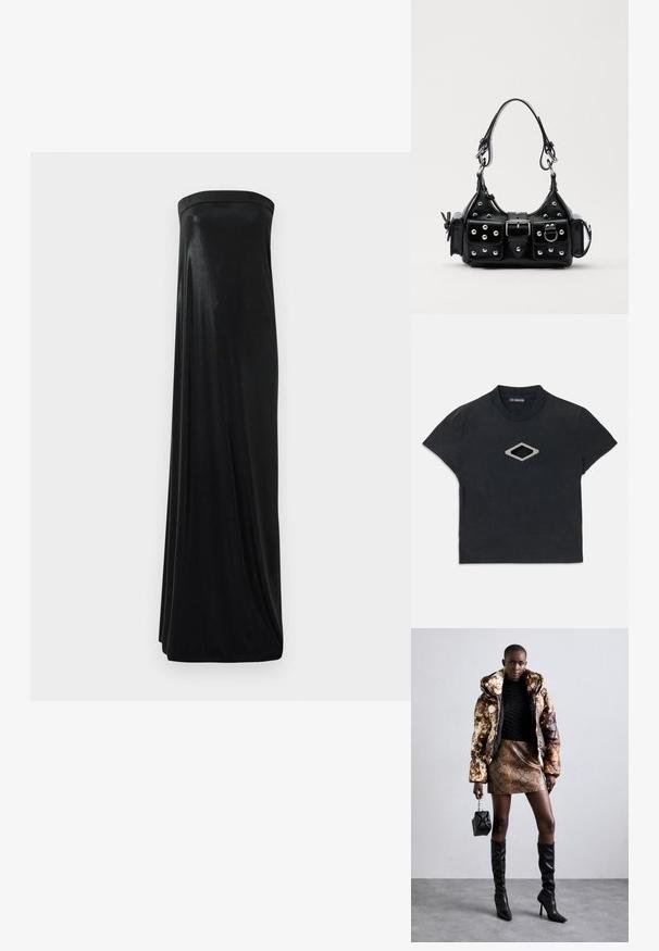Melna īsā piedurkne cropped T-kreklā ar apaļu kakla izgriezumu un sudraba dimanta formas izgriezumu priekšā.; Melna strapless maxi kleita, izgatavota no gludas, spīdīgas auduma. Ar pieguļošu augšdaļu un plūstošu siluetu, kas sasniedz zemi bez rotājumiem.; Puffa jaka ar brūnu un melnu rakstu, kombinēta ar brūnu čūskas raksta mini svārkiem, melniem līdz ceļgala zābakiem un mazu melnu somiņu.; Melnas ādas rokturmais ar izliekumu, ar sudraba iedurtiem, sprādzi un divām sānu kabatām. Regulējams siksniņas garums dažādām nēsāšanas iespējām.