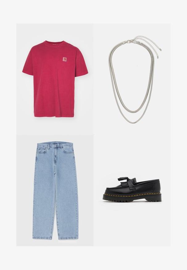 Carhartt WIP VISTA - Basic T-shirt - scarlet; Light blue denim jeans with straight leg design, featuring a mid-rise waist, five pockets, and a button and zipper closure.; Black leather loafer with a tasseled accent, featuring a chunky black sole and yellow stitching along the edge. Textured finish.; Three-layered silver metal necklace featuring sleek, flexible chains with a slight sheen, secured with a lobster clasp and adjustable chain.