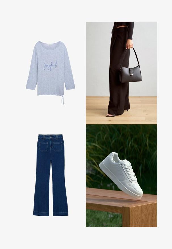 Helles blaues Langarmoberteil aus einem weichen, strukturierten Stoff, mit lockerer Passform, rundem Halsausschnitt und dem Wort "fröhlich" in dunkelblauer Schreibschrift gestickt.; Dunkelblaue Denim-Jeans im Schlagstil mit glatter Textur, Fünf-Taschen-Design und einem Knopfverschluss an der Taille.; Weiße Sneaker mit einem glatten, synthetischen Obermaterial, perforierter Zehenbox, flachen Schnürsenkeln und einer strukturierten Sohle, präsentiert auf einer Holzoberfläche.; Schwarze Handtasche mit strukturierter Form, glatter Textur und einem metallischen Verschluss. Kombiniert mit weiten schwarzen Hosen und offenen Sandalen auf einem Holzboden.